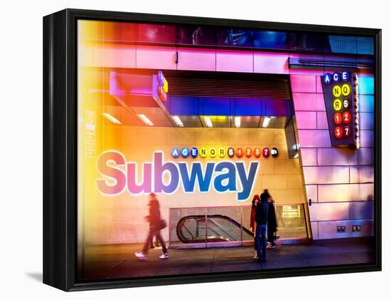 Instants of NY Series - Entrance of a Subway Station in Times Square - Urban Street Scene by Night-Philippe Hugonnard-Framed Premier Image Canvas