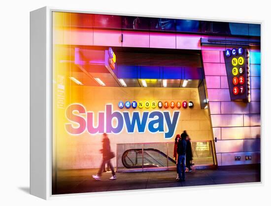 Instants of NY Series - Entrance of a Subway Station in Times Square - Urban Street Scene by Night-Philippe Hugonnard-Framed Premier Image Canvas