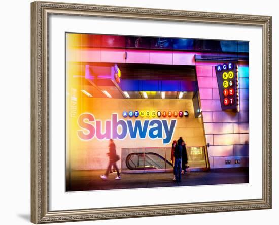 Instants of NY Series - Entrance of a Subway Station in Times Square - Urban Street Scene by Night-Philippe Hugonnard-Framed Photographic Print