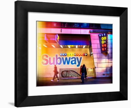 Instants of NY Series - Entrance of a Subway Station in Times Square - Urban Street Scene by Night-Philippe Hugonnard-Framed Photographic Print