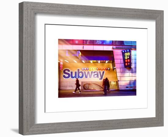 Instants of NY Series - Entrance of a Subway Station in Times Square - Urban Street Scene by Night-Philippe Hugonnard-Framed Art Print