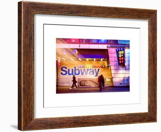 Instants of NY Series - Entrance of a Subway Station in Times Square - Urban Street Scene by Night-Philippe Hugonnard-Framed Art Print