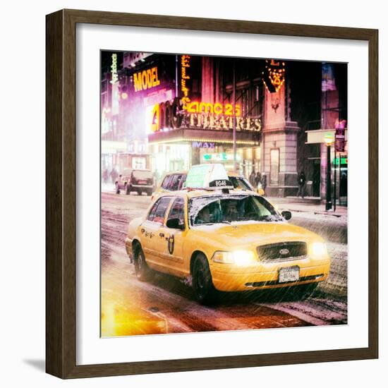 Instants of NY Series - Snowstorm on 42nd Street in Times Square with Yellow Cab by Night-Philippe Hugonnard-Framed Photographic Print