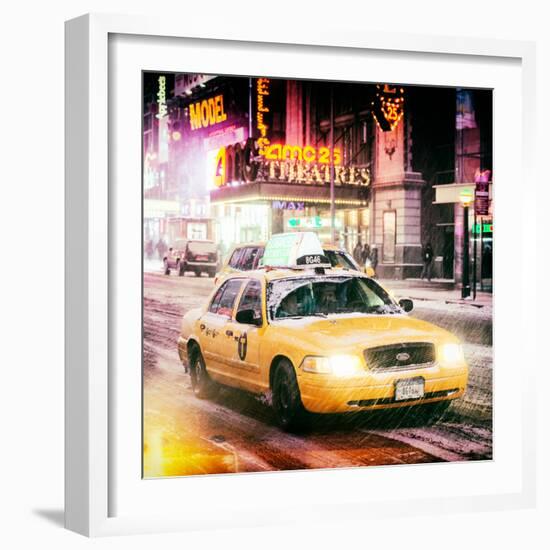 Instants of NY Series - Snowstorm on 42nd Street in Times Square with Yellow Cab by Night-Philippe Hugonnard-Framed Photographic Print