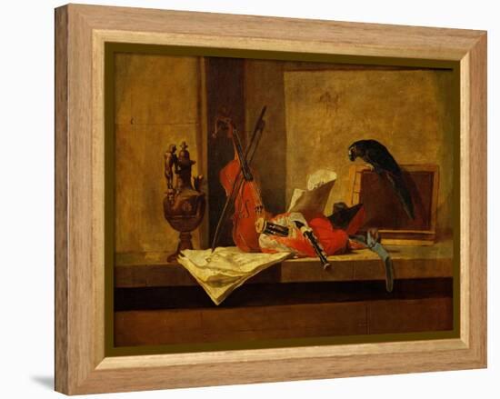 Instruments de musique et perroquet,1730-34 Musical instruments and a parrot. Canvas,117,5x73,4cm-Jean-Baptiste-Simeon Chardin-Framed Premier Image Canvas