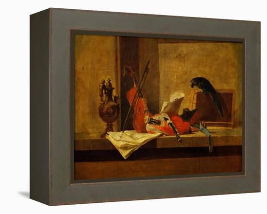 Instruments de musique et perroquet,1730-34 Musical instruments and a parrot. Canvas,117,5x73,4cm-Jean-Baptiste-Simeon Chardin-Framed Premier Image Canvas