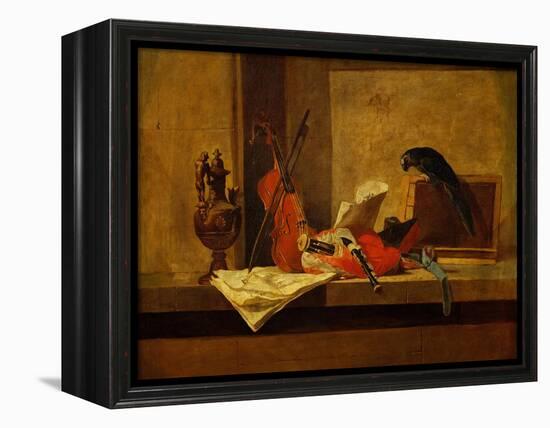 Instruments de musique et perroquet,1730-34 Musical instruments and a parrot. Canvas,117,5x73,4cm-Jean-Baptiste-Simeon Chardin-Framed Premier Image Canvas