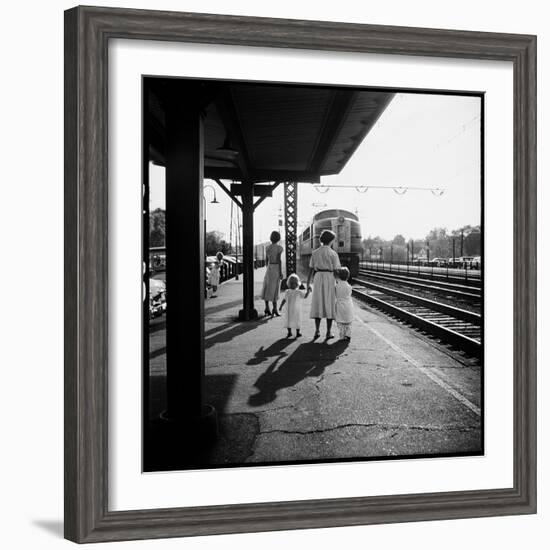 Insurance Broker Charles Hoffman's Wife Bringing Children to Train Station to Wait for His Arrival-Nina Leen-Framed Photographic Print