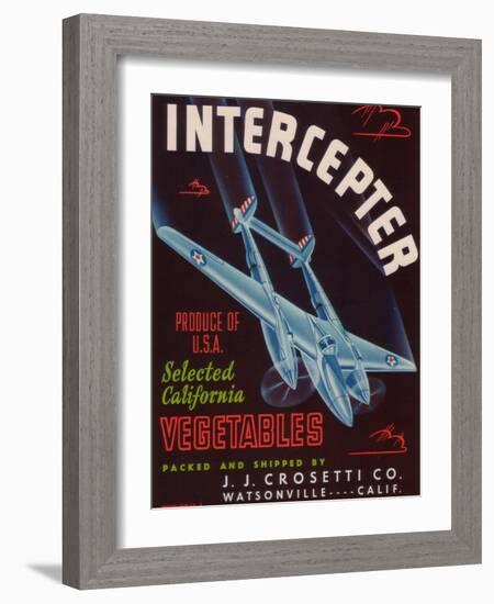 Intercepter Vegetable Label - Watsonville, CA-Lantern Press-Framed Art Print