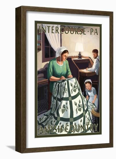 Intercourse, Pennsylvania - Amish Quilting Scene-Lantern Press-Framed Art Print