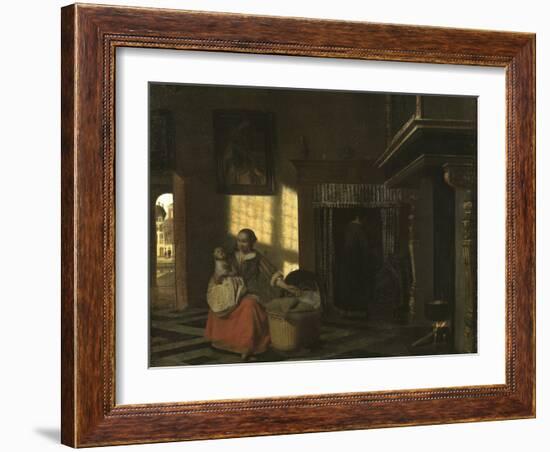 Interieur Avec Une Mere Pres D'un Berceau - Interior with a Mother close to a Cradle, by Hooch, Pie-Pieter de Hooch-Framed Giclee Print