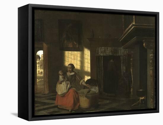 Interieur Avec Une Mere Pres D'un Berceau - Interior with a Mother close to a Cradle, by Hooch, Pie-Pieter de Hooch-Framed Premier Image Canvas