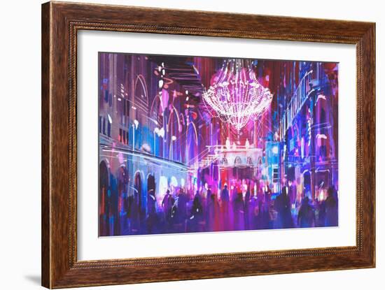 Interior Night Club with Bright Lights,Illustration Painting-Tithi Luadthong-Framed Art Print