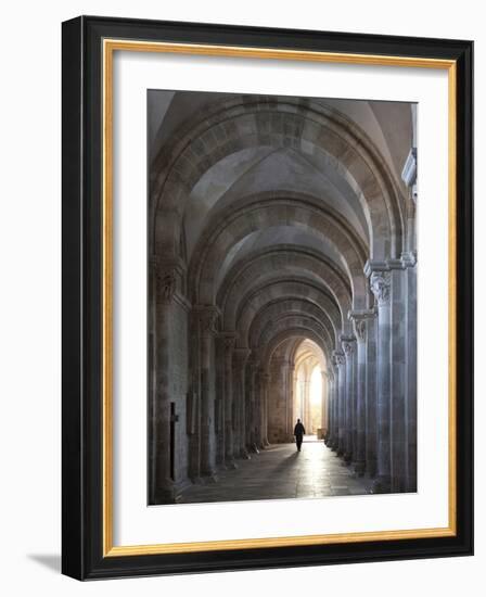 Interior North Nave Aisle with Priest Walking Away, Vezelay Abbey, UNESCO World Heritage Site, Veze-Nick Servian-Framed Photographic Print