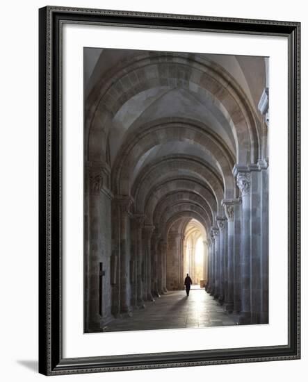 Interior North Nave Aisle with Priest Walking Away, Vezelay Abbey, UNESCO World Heritage Site, Veze-Nick Servian-Framed Photographic Print