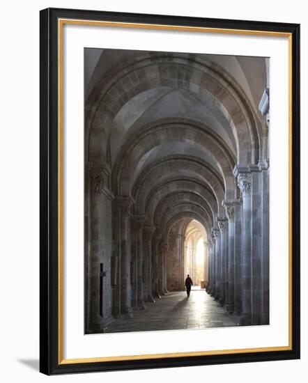 Interior North Nave Aisle with Priest Walking Away, Vezelay Abbey, UNESCO World Heritage Site, Veze-Nick Servian-Framed Photographic Print