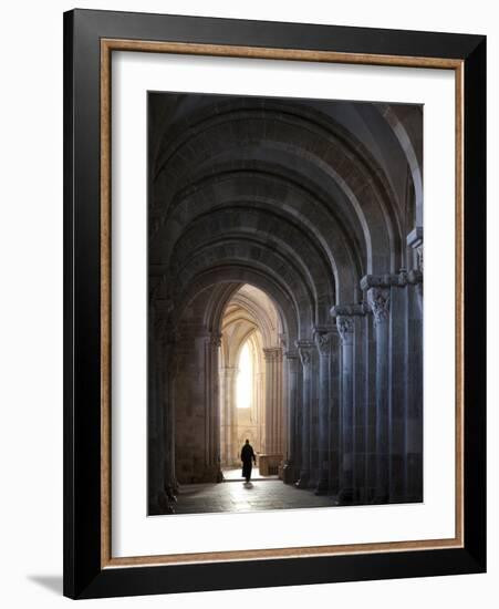 Interior North Nave Aisle with Priest Walking Away, Vezelay Abbey, UNESCO World Heritage Site, Veze-Nick Servian-Framed Photographic Print