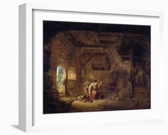 Interior of a Barn with an Old Woman at a Distaff-Isack van Ostade-Framed Giclee Print