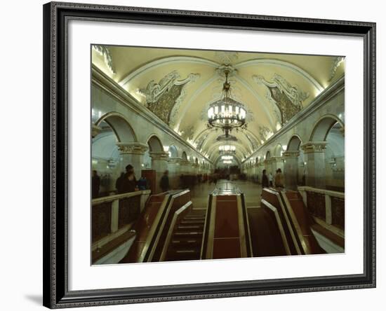 Interior of a Metro Station, with Ceiling Frescoes, Chandeliers and Marble Halls, Moscow, Russia-Gavin Hellier-Framed Photographic Print
