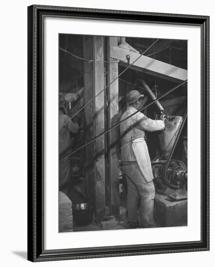 Interior of Diminutive Flour Mill Showing Millers Grinding Wheat into Flour-null-Framed Photographic Print