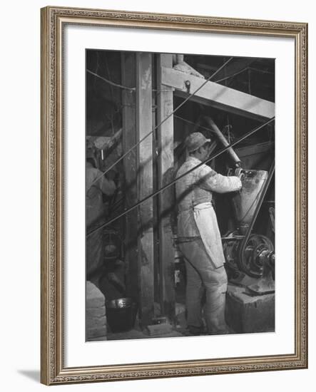 Interior of Diminutive Flour Mill Showing Millers Grinding Wheat into Flour-null-Framed Photographic Print