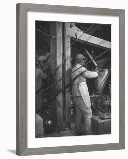 Interior of Diminutive Flour Mill Showing Millers Grinding Wheat into Flour-null-Framed Photographic Print