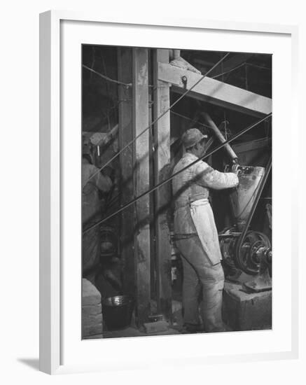 Interior of Diminutive Flour Mill Showing Millers Grinding Wheat into Flour-null-Framed Photographic Print