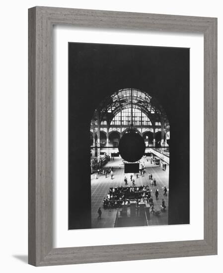 Interior of Penn Station Through Archway and Behind Suspended Clock, with Ceiling Ironwork-Walker Evans-Framed Photographic Print