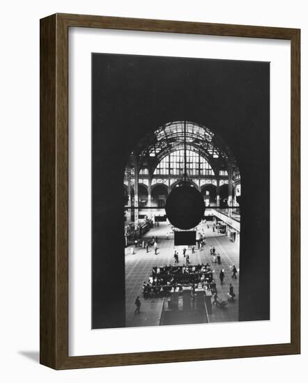 Interior of Penn Station Through Archway and Behind Suspended Clock, with Ceiling Ironwork-Walker Evans-Framed Photographic Print