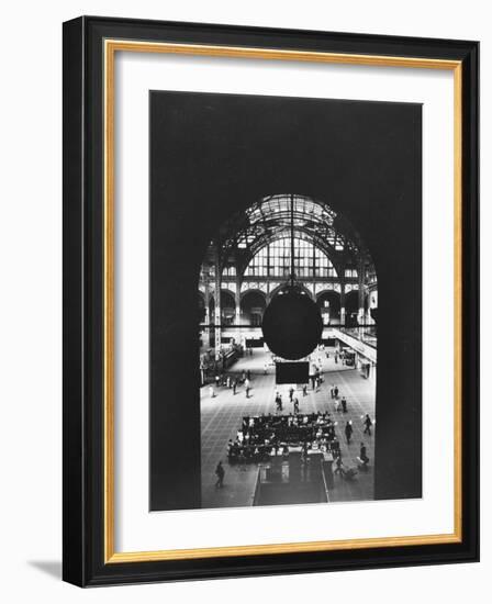 Interior of Penn Station Through Archway and Behind Suspended Clock, with Ceiling Ironwork-Walker Evans-Framed Photographic Print