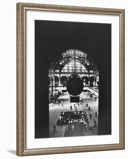 Interior of Penn Station Through Archway and Behind Suspended Clock, with Ceiling Ironwork-Walker Evans-Framed Photographic Print