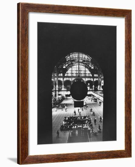 Interior of Penn Station Through Archway and Behind Suspended Clock, with Ceiling Ironwork-Walker Evans-Framed Photographic Print