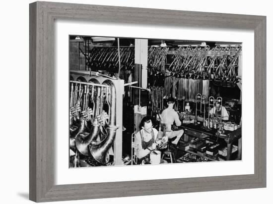 Interior View of a Brass Instrument Factory, Tubas and Trombone-Lantern Press-Framed Art Print