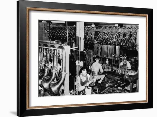 Interior View of a Brass Instrument Factory, Tubas and Trombone-Lantern Press-Framed Art Print