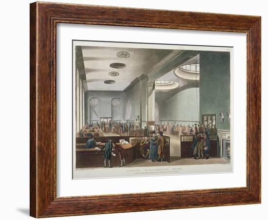 Interior View of Lloyds Subscription Room in the Royal Exchange, City of London, 1809-Thomas Rowlandson-Framed Giclee Print