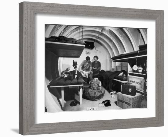 Interior View of Steel Underground Radiation Fallout Shelter Where Couple Relaxes with 3 Children-Walter Sanders-Framed Photographic Print