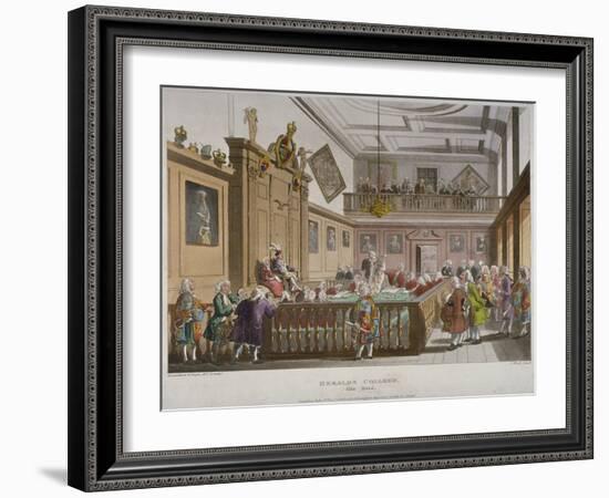 Interior View of the College of Arms' Hall with Figures Engaged in Discussion, City of London, 1808-Thomas Rowlandson-Framed Giclee Print