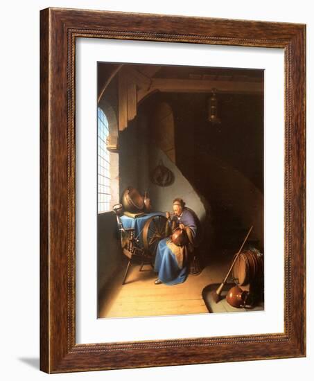 Interior with a Woman Eating Porridge-Gerard Dou-Framed Giclee Print