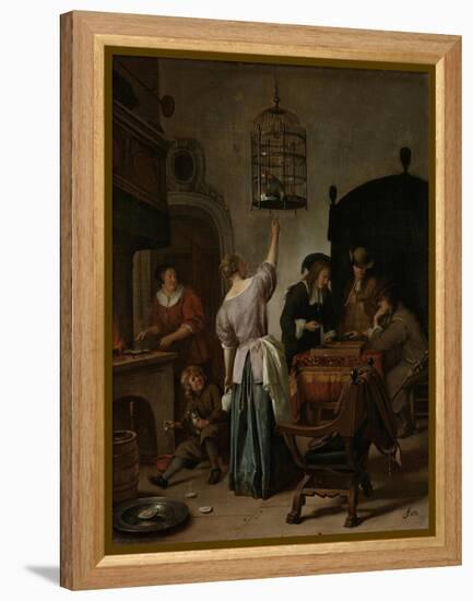 Interior with a Woman Feeding a Parrot Two Men Playing Backgammon and Other Figures, 1670-Jan Havicksz Steen-Framed Premier Image Canvas