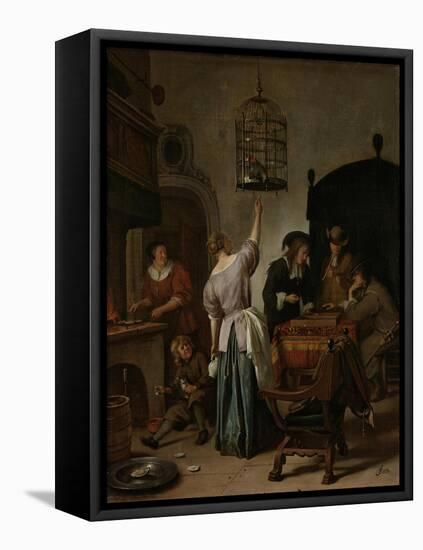 Interior with a Woman Feeding a Parrot Two Men Playing Backgammon and Other Figures, 1670-Jan Havicksz Steen-Framed Premier Image Canvas