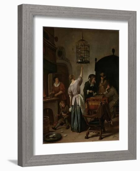 Interior with a Woman Feeding a Parrot Two Men Playing Backgammon and Other Figures, 1670-Jan Havicksz Steen-Framed Giclee Print