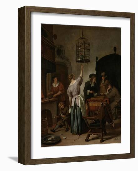 Interior with a Woman Feeding a Parrot Two Men Playing Backgammon and Other Figures, 1670-Jan Havicksz Steen-Framed Giclee Print