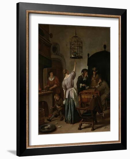 Interior with a Woman Feeding a Parrot Two Men Playing Backgammon and Other Figures, 1670-Jan Havicksz Steen-Framed Giclee Print