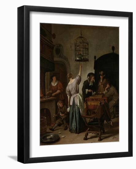 Interior with a Woman Feeding a Parrot Two Men Playing Backgammon and Other Figures, 1670-Jan Havicksz Steen-Framed Giclee Print