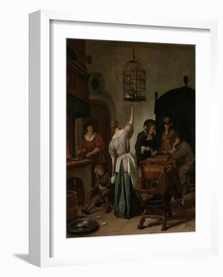 Interior with a Woman Feeding a Parrot Two Men Playing Backgammon and Other Figures, 1670-Jan Havicksz Steen-Framed Giclee Print