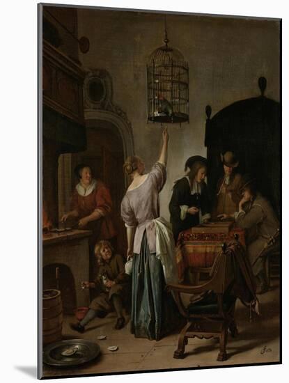 Interior with a Woman Feeding a Parrot Two Men Playing Backgammon and Other Figures, 1670-Jan Havicksz Steen-Mounted Giclee Print