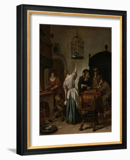 Interior with a Woman Feeding a Parrot Two Men Playing Backgammon and Other Figures, 1670-Jan Havicksz Steen-Framed Giclee Print