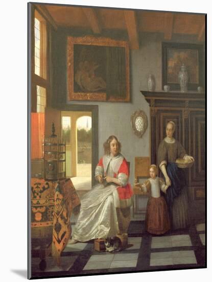 Interior with a Woman Knitting, a Serving Woman and a Child-Pieter de Hooch-Mounted Giclee Print