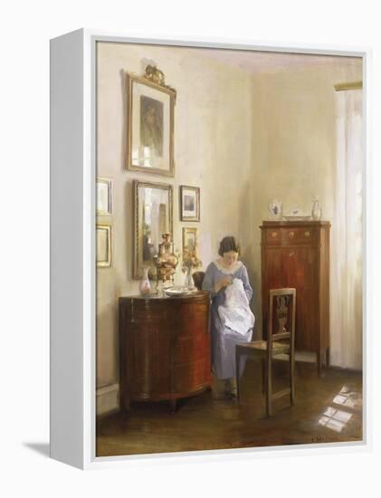 Interior with Lady Sewing, c.1910-Carl Holsoe-Framed Premier Image Canvas