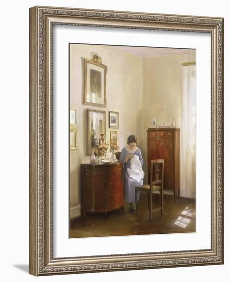 Interior with Lady Sewing, c.1910-Carl Holsoe-Framed Giclee Print